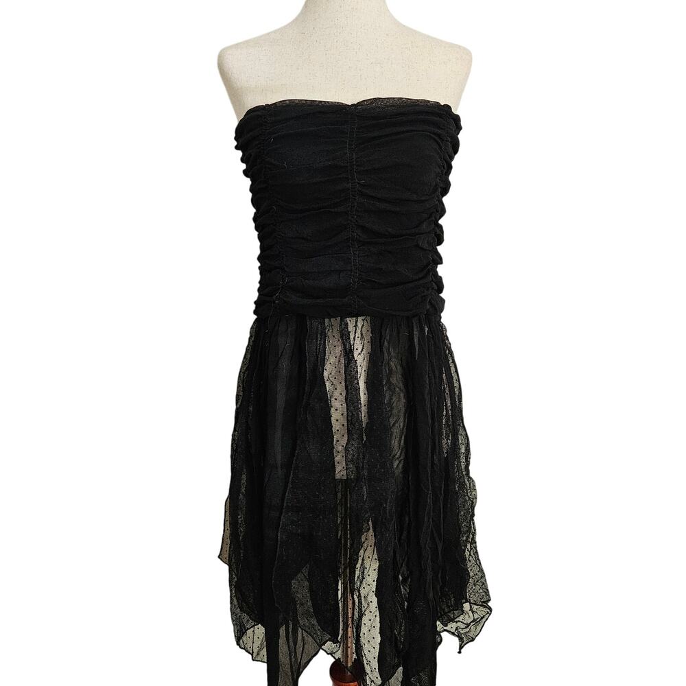 Vintage Black Mesh Strapless Top Rouched Bandeau Asymetric Fringe 00s Medium